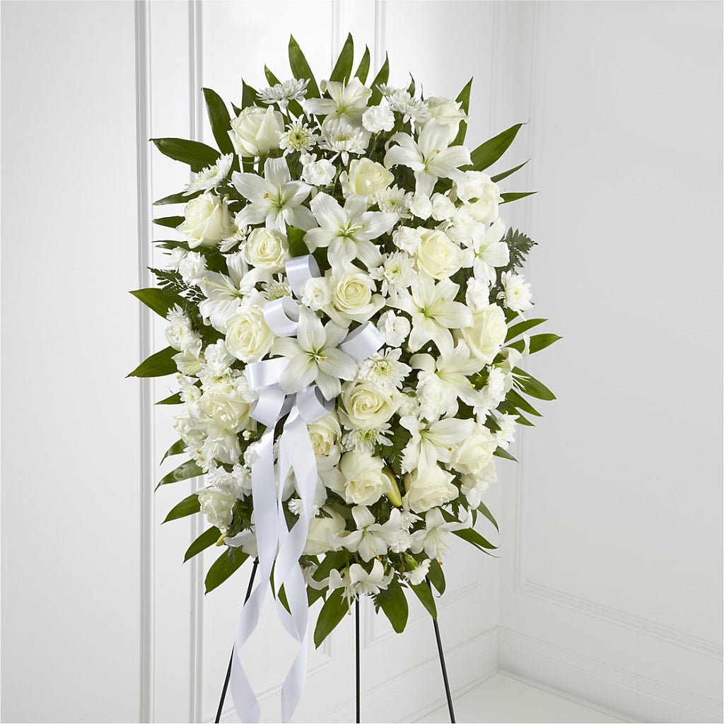 Exquisite Tribute Standing Spray-White Ribbon – ETHEL'S THIS AND THAT, Galeton PA